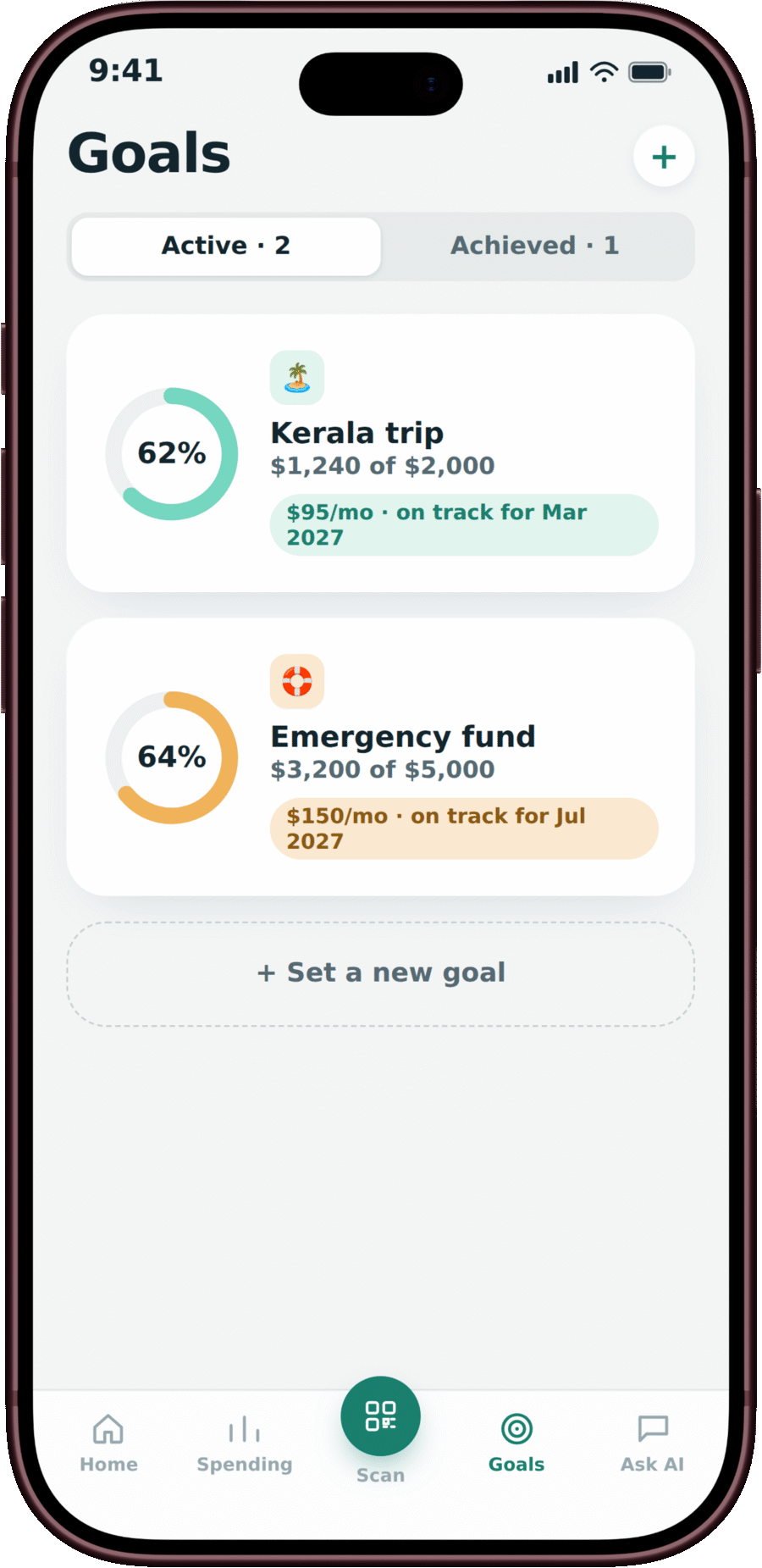 Goals screen: two active goals with progress rings, target dates and the monthly amount that keeps each on track.